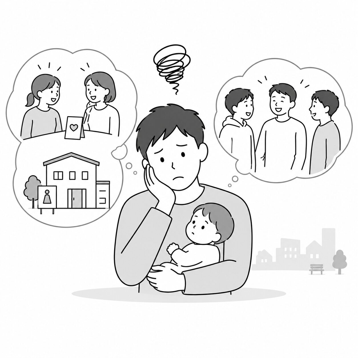 孤立するパパの悩みのイラスト